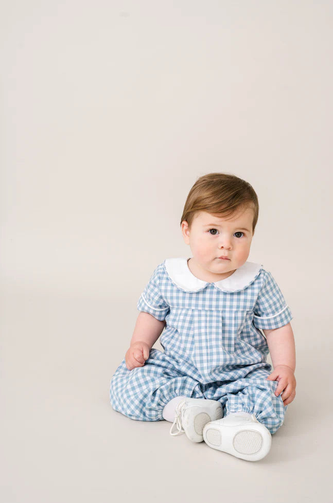 Precious Pleated Romper| Stone Blue Check