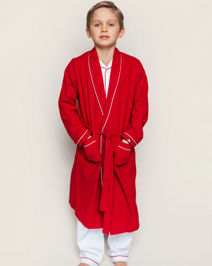 Kid's Flannel Robe in Red with White Piping